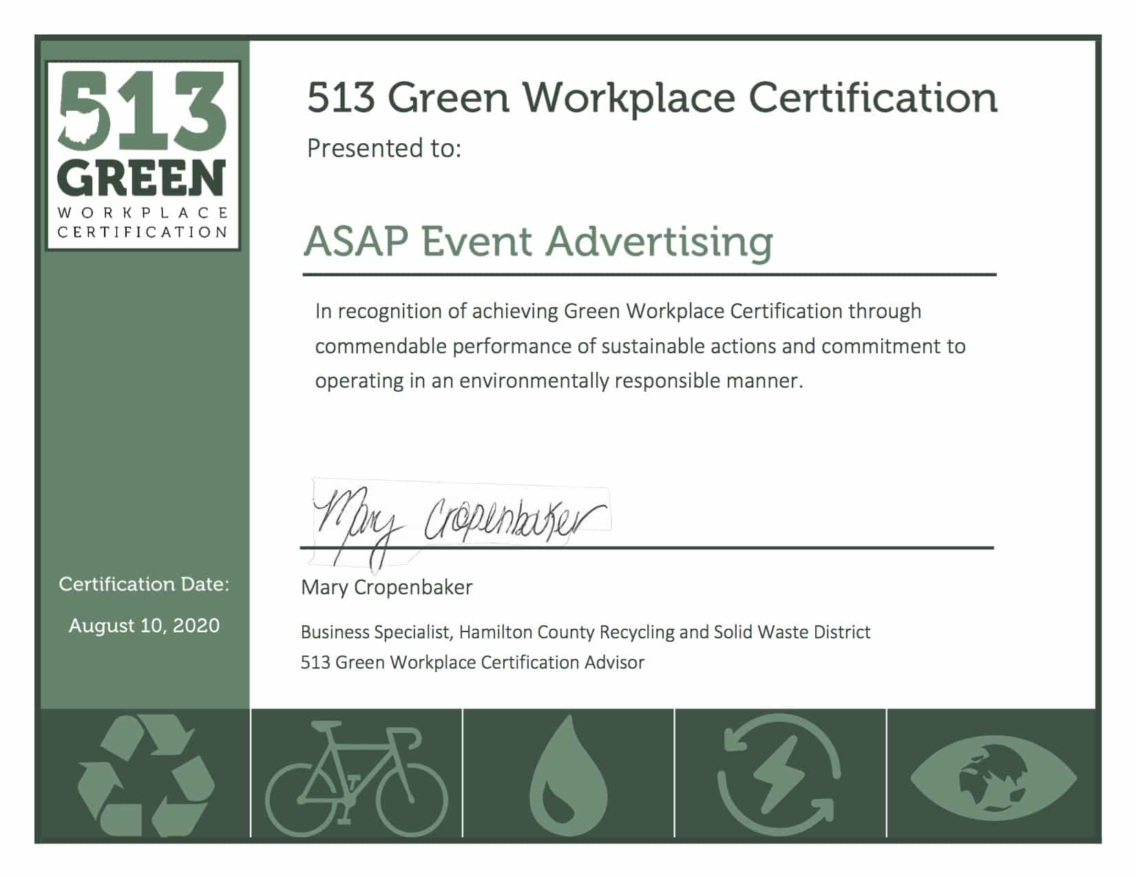ASAP is now proud to be 513 Green Workplace Certified! 