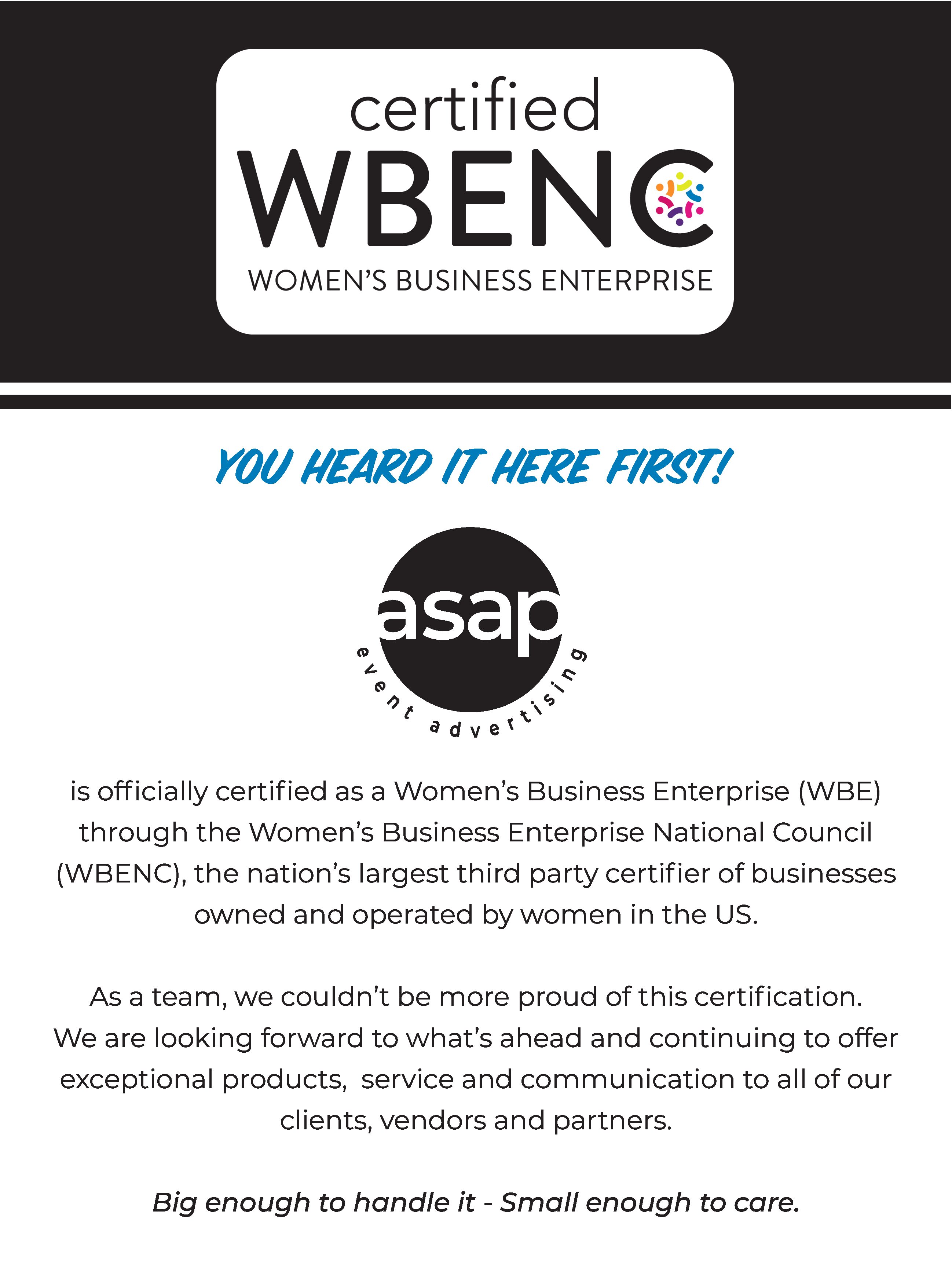 ASAP is officially a Certified  Women’s Business Enterprise!